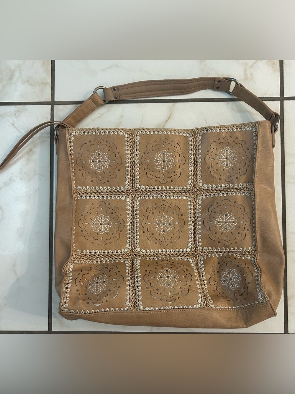 The Sak Boho Floral Panel Tan Leather Shoulder Bag